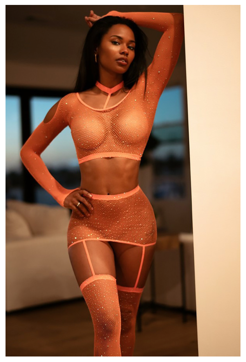Lingerie - Ensemble Euphoric Dream Girl en Résille à Strass - Orange O/S